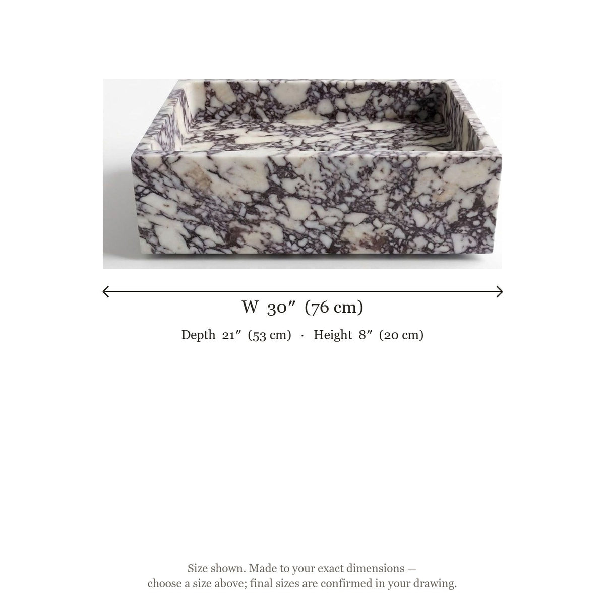 Calacatta Viola Polished Rectangular Marble Vessel Sink — dimensions — view 5