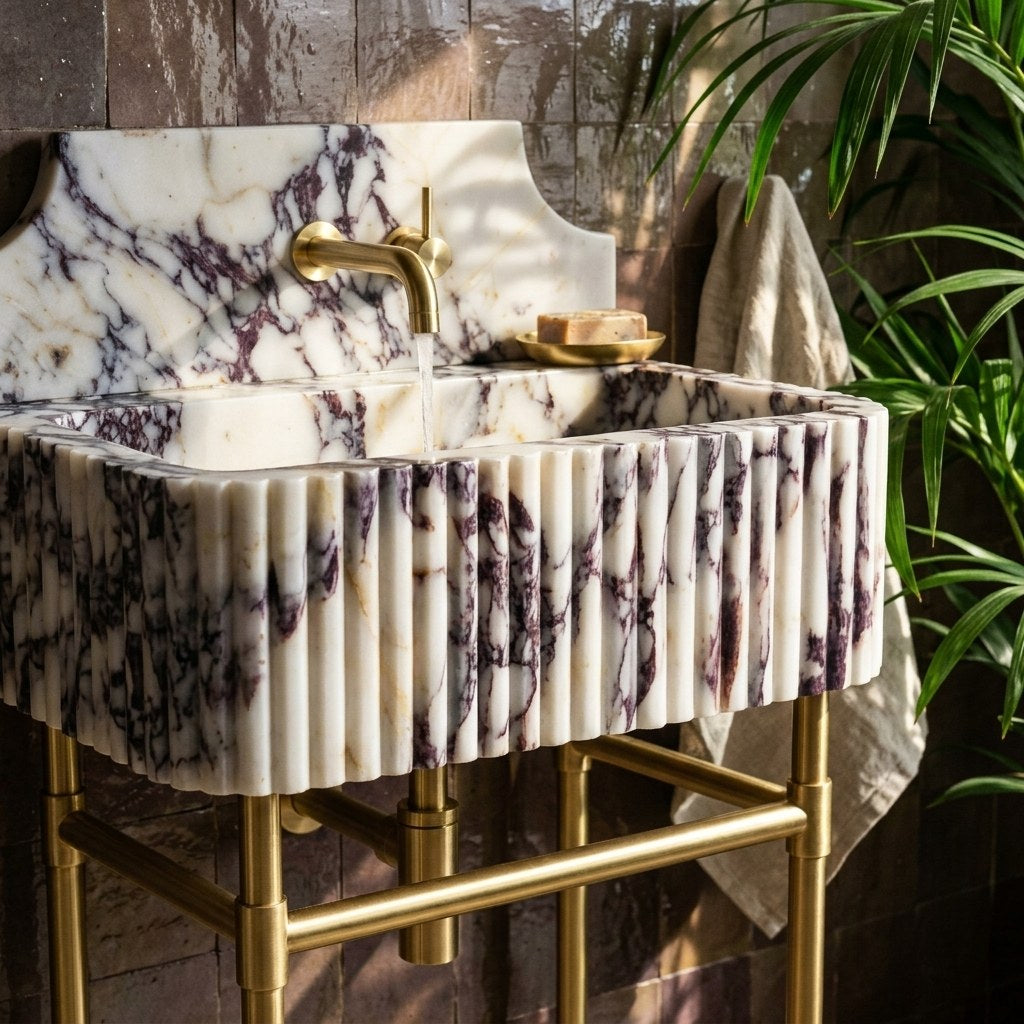 Calacatta Viola Fluted Marble Sink with Brass Stand — premium — view 2