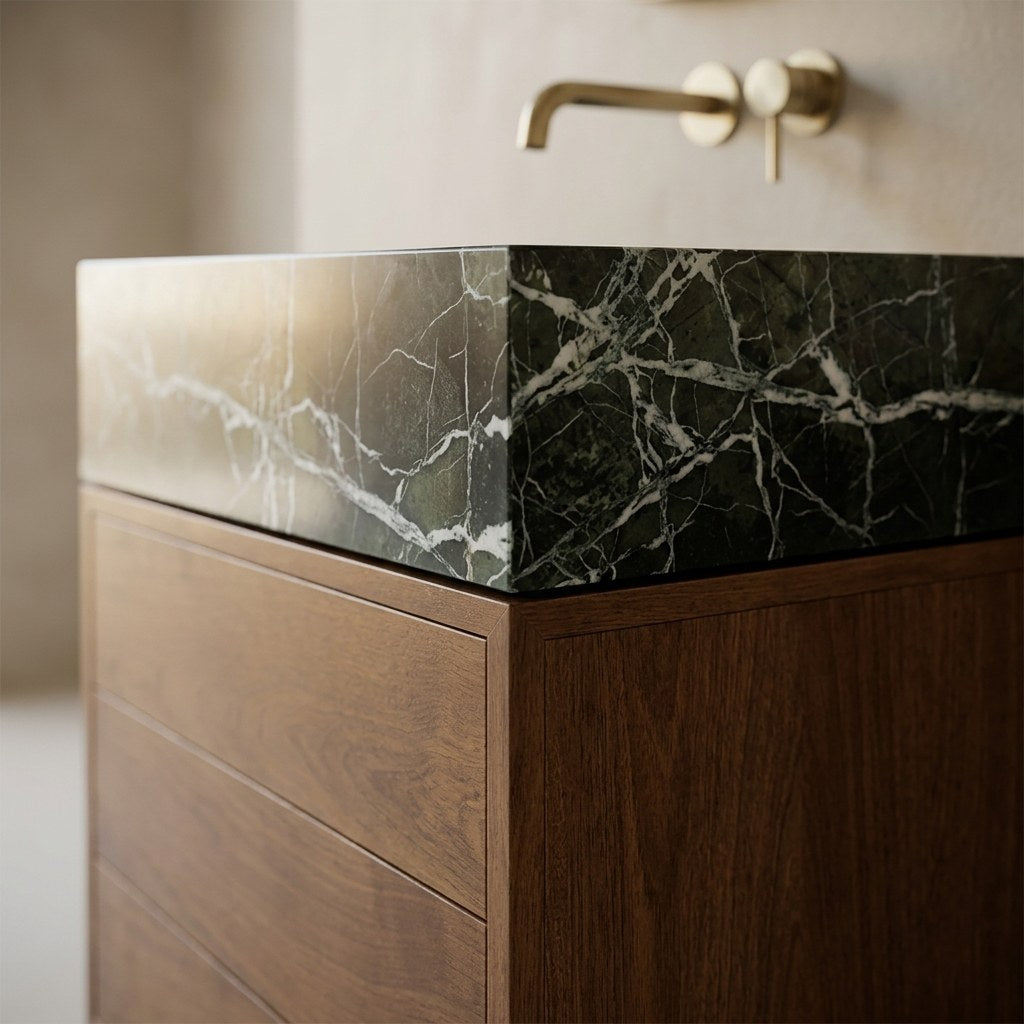 Verde Polished Marble Sink with Wood Vanity — detail — view 4