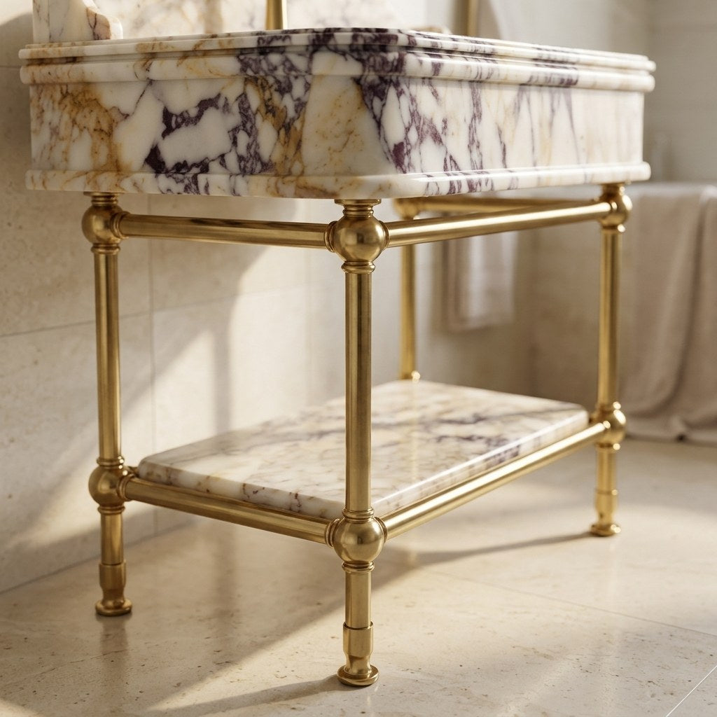 Calacatta Viola Marble Sink with Brushed Steel Stand — detail — view 4