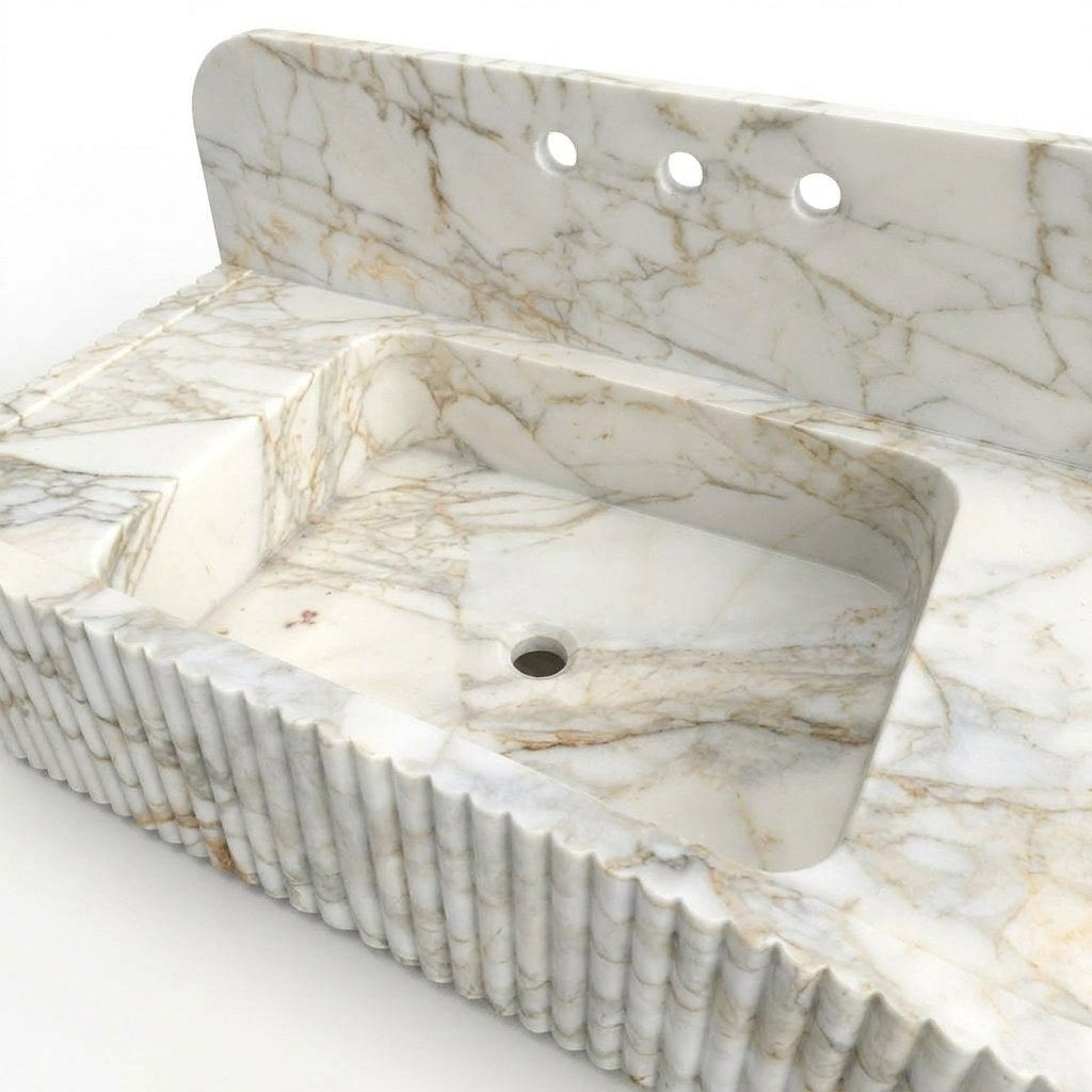 Calacatta Gold Fluted Marble Sink with Backsplash — detail — view 4