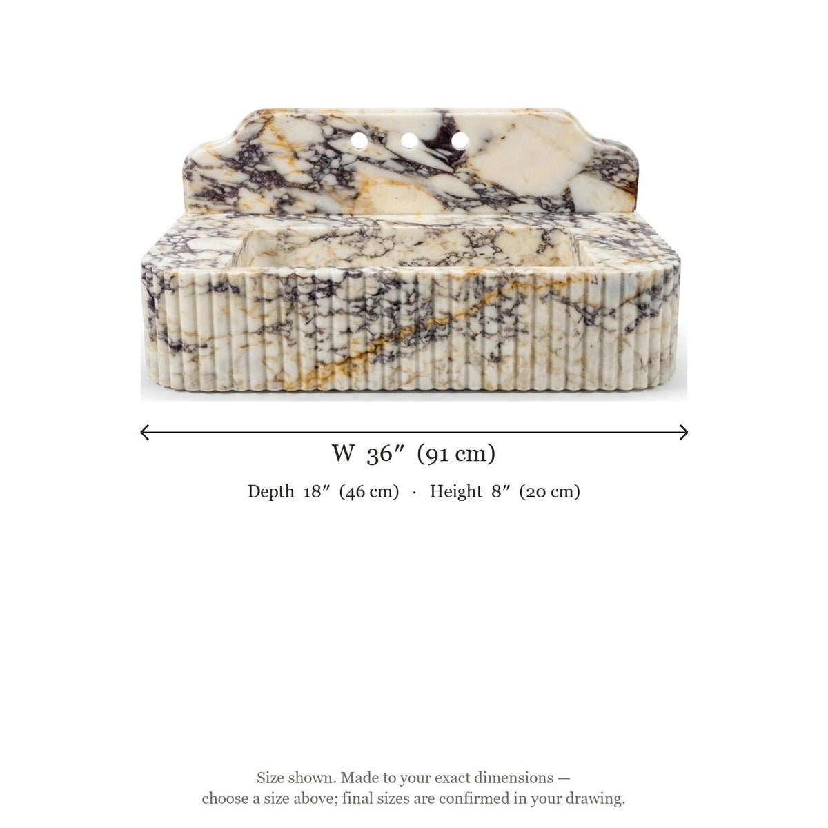 Calacatta Viola Fluted Marble Sink with Backsplash — dimensions — view 4