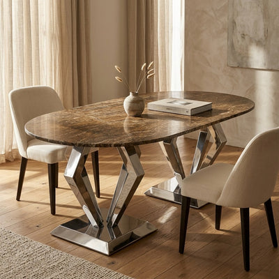 Honed Travertine Table with Brushed Steel Base — premium