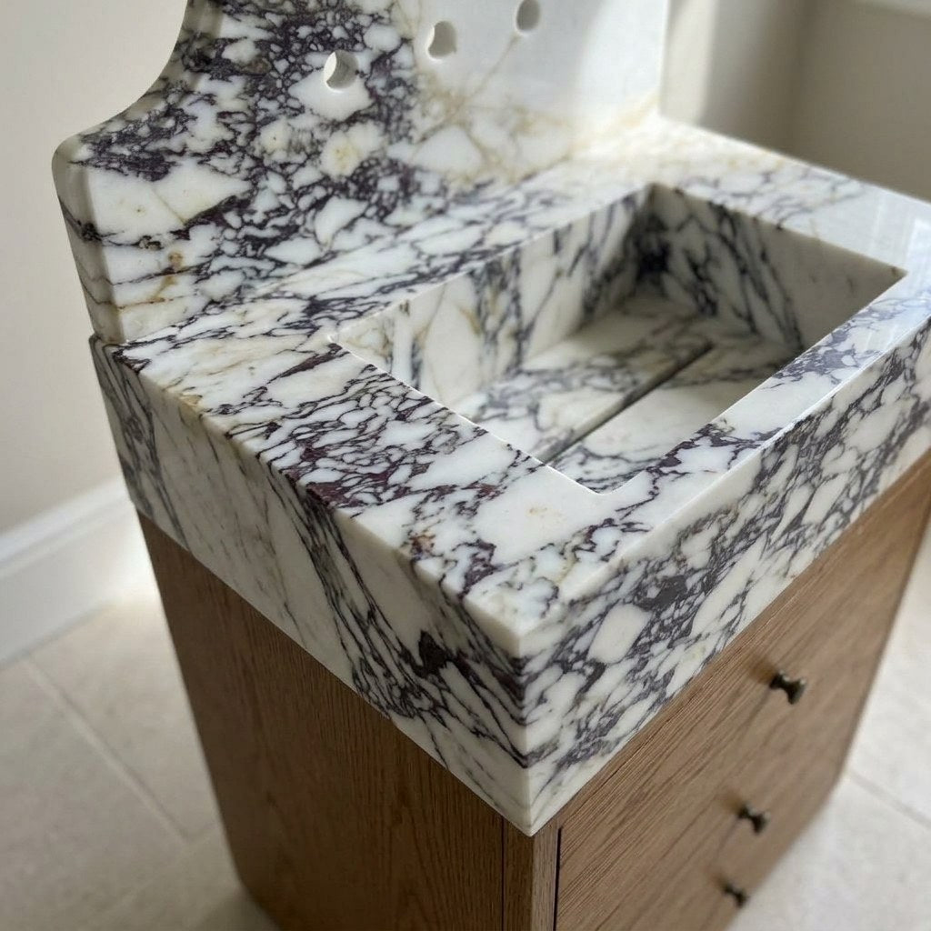 Calacatta Viola Polished Marble Vanity with Backsplash — marble detail — view 3