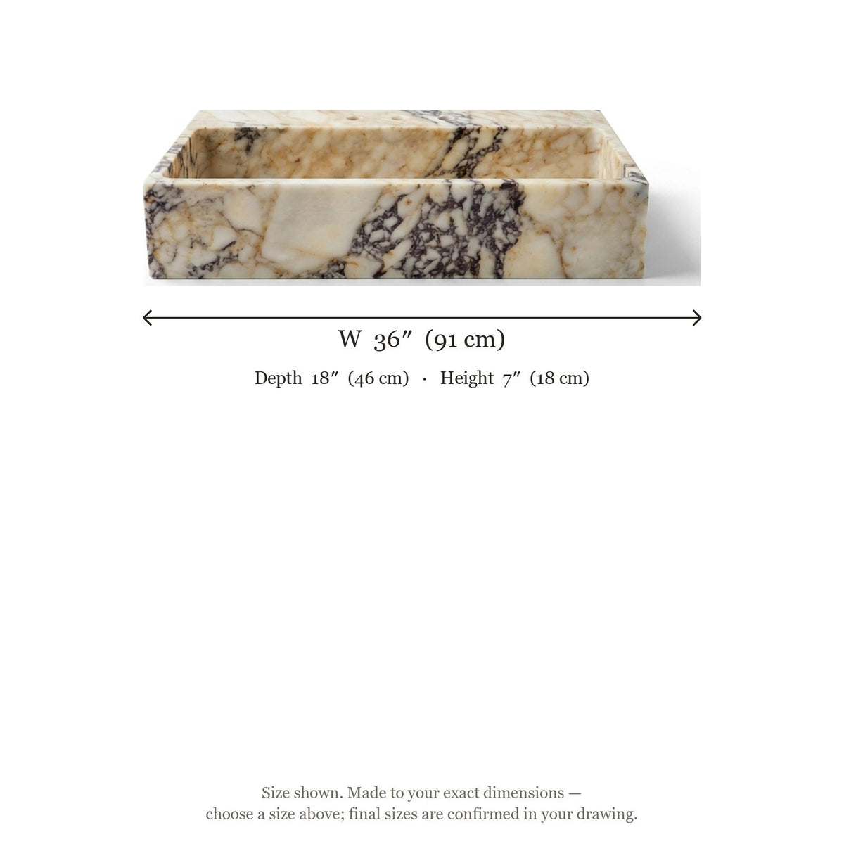 Calacatta Viola Polished Rectangular Marble Sink — dimensions — view 5