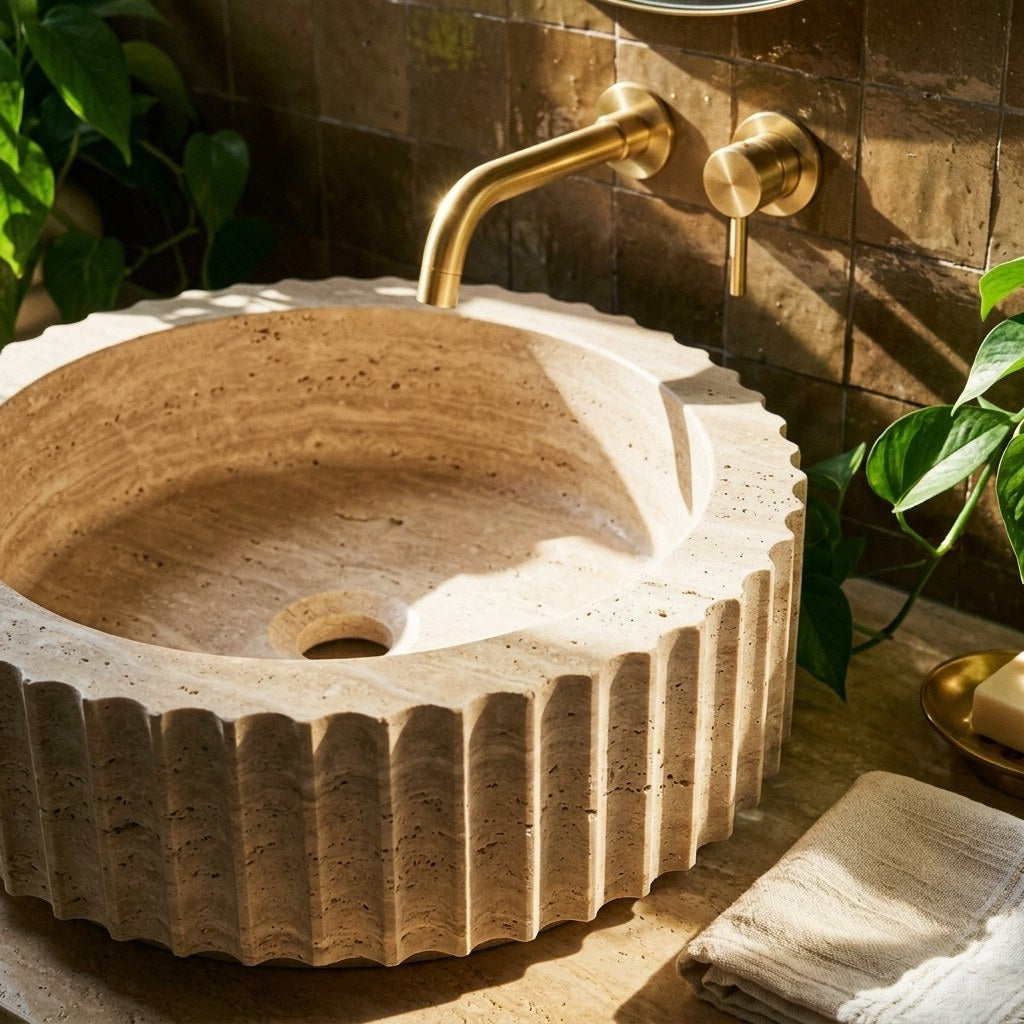 Honed Travertine Fluted Vessel Sink — premium — view 2