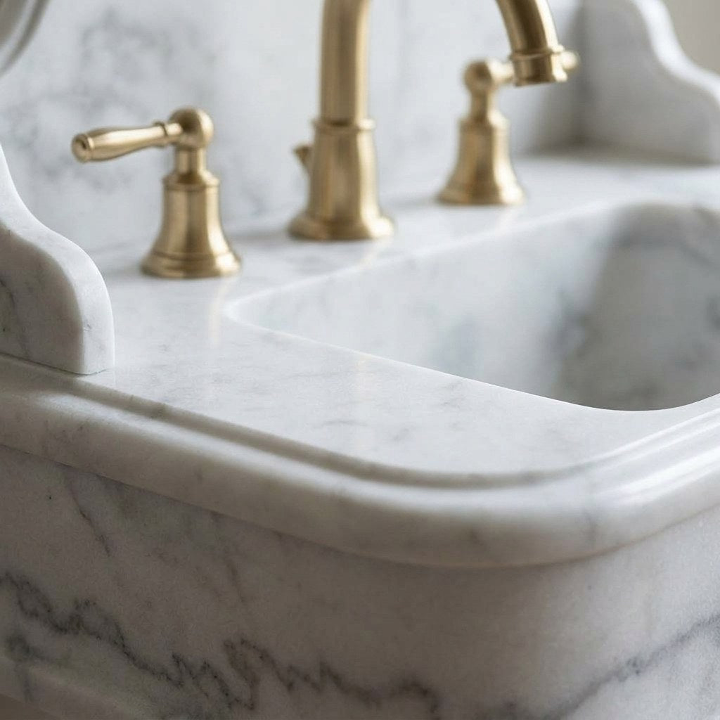 Carrara Marble Vanity Sink with Brushed Steel Stand — marble detail — view 3