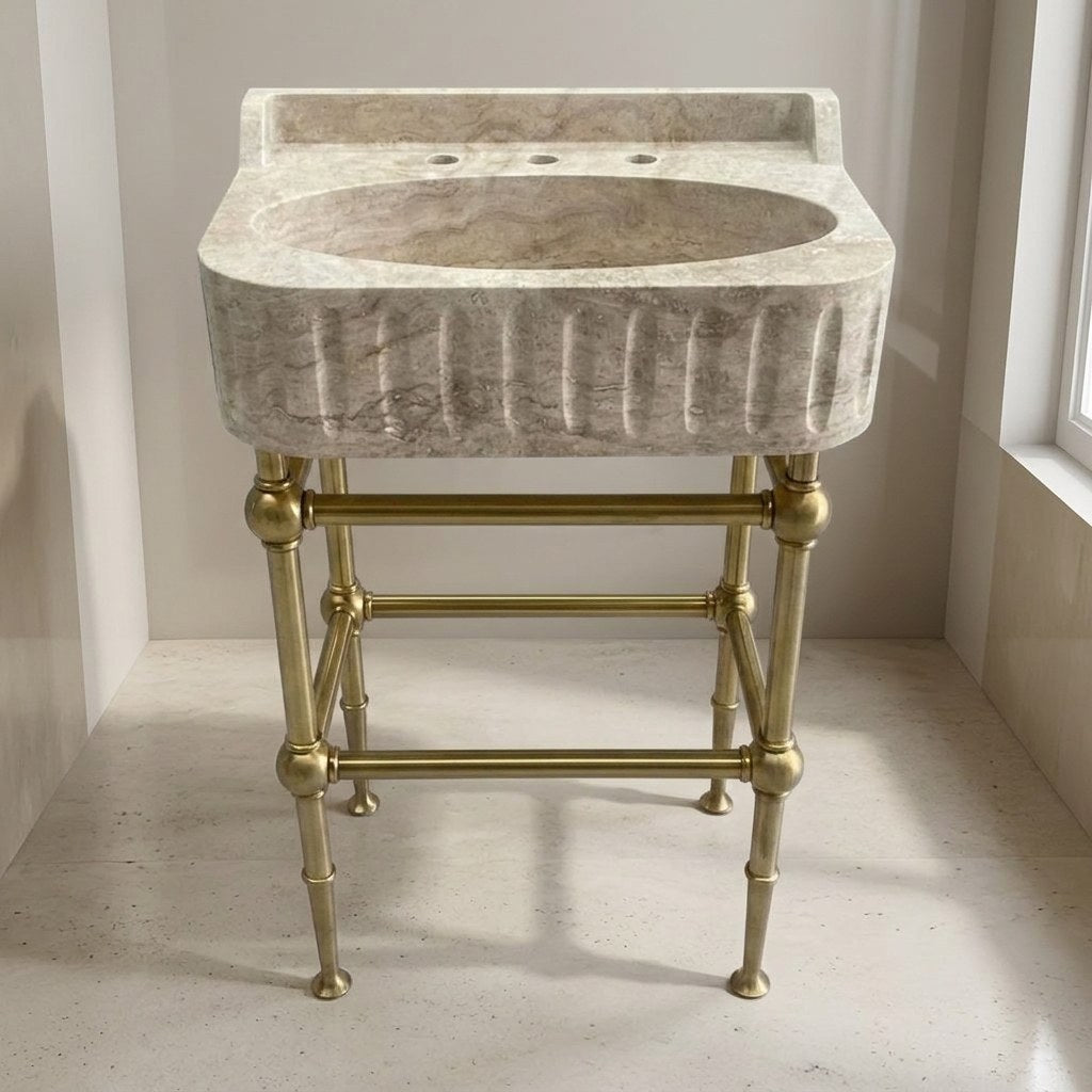 Travertine Fluted Travertine Sink with Brass Stand and Backsplash — detail — view 3
