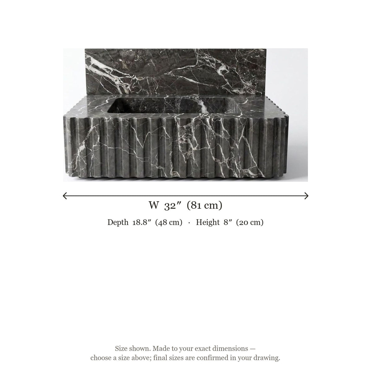 Pietra Notte Fluted Marble Sink with Backsplash — dimensions — view 5