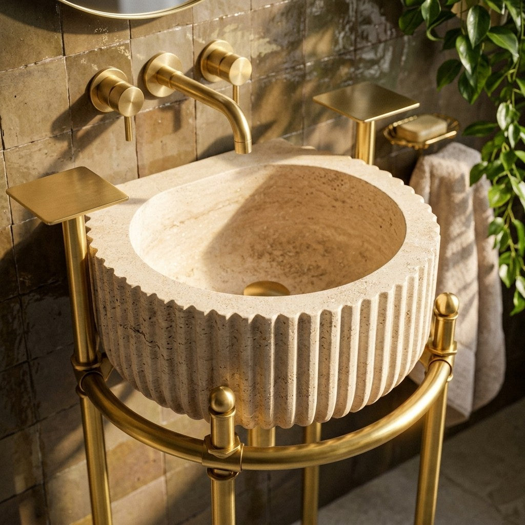 Travertine Fluted Travertine Sink with Brass Stand — premium — view 2