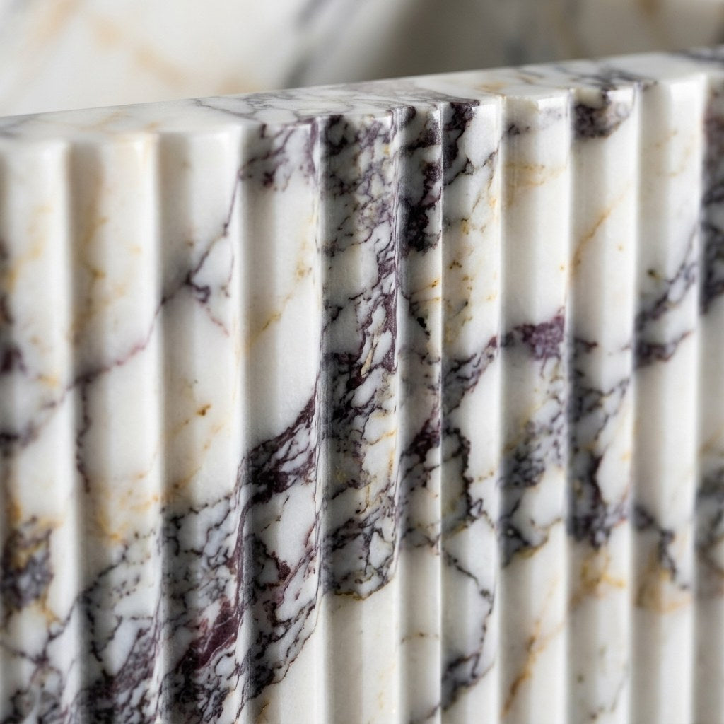 Calacatta Viola Fluted Marble Sink with Brass Stand — marble detail — view 3