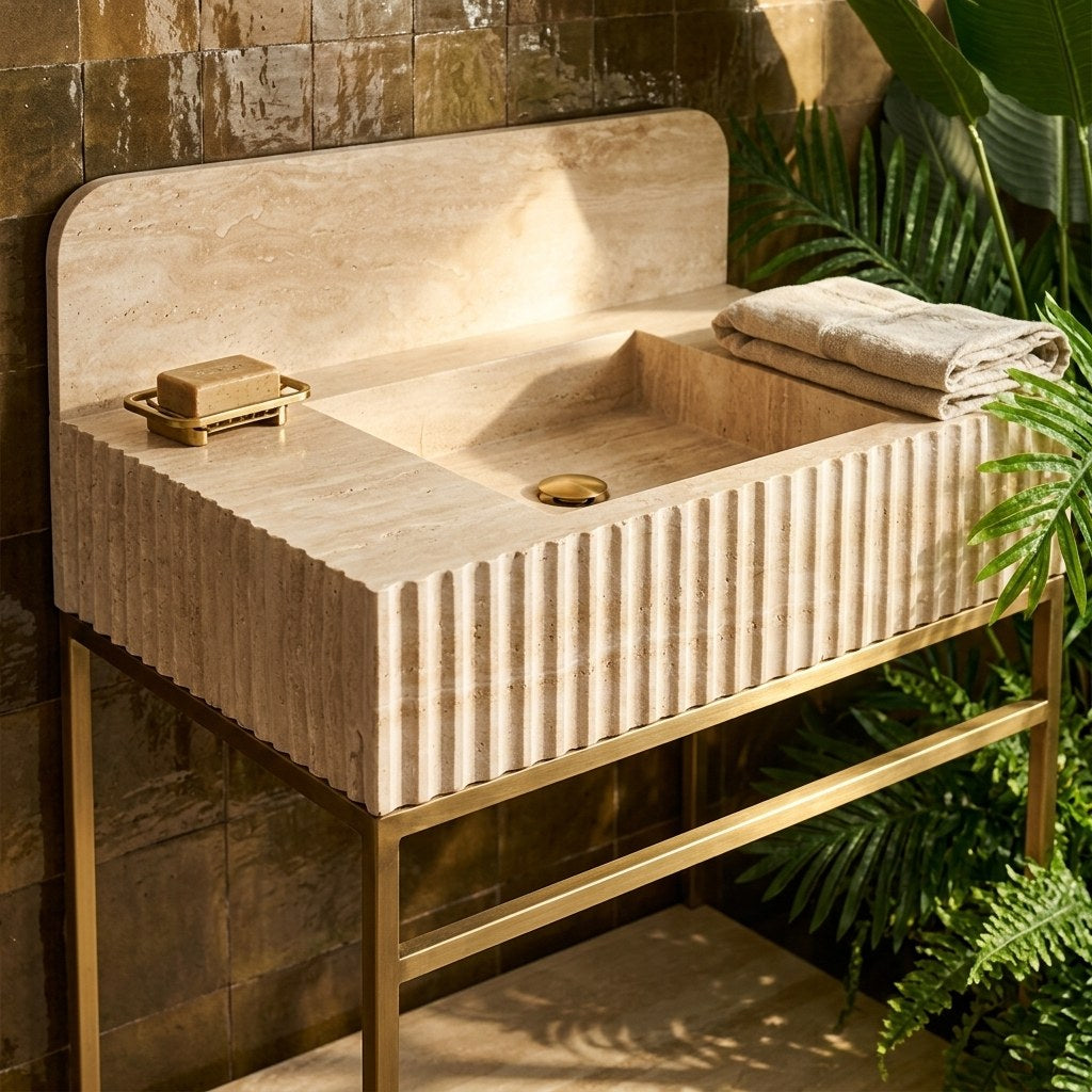 Fluted Travertine Sink with Brass Stand and Backsplash — premium — view 2