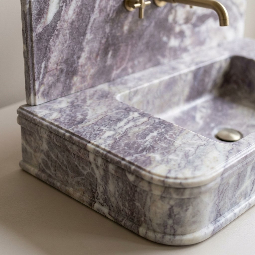Lilac Honed Marble Sink with Integrated Backsplash — marble detail — view 3