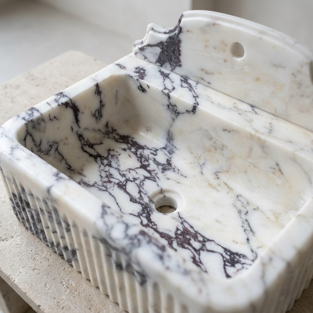 Calacatta Viola Fluted Marble Sink with Backsplash — detail — view 3