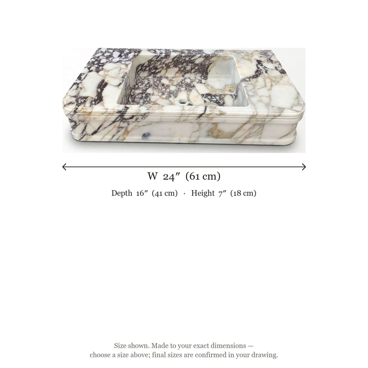 Calacatta Viola Polished Marble Rectangular Sink — dimensions — view 4