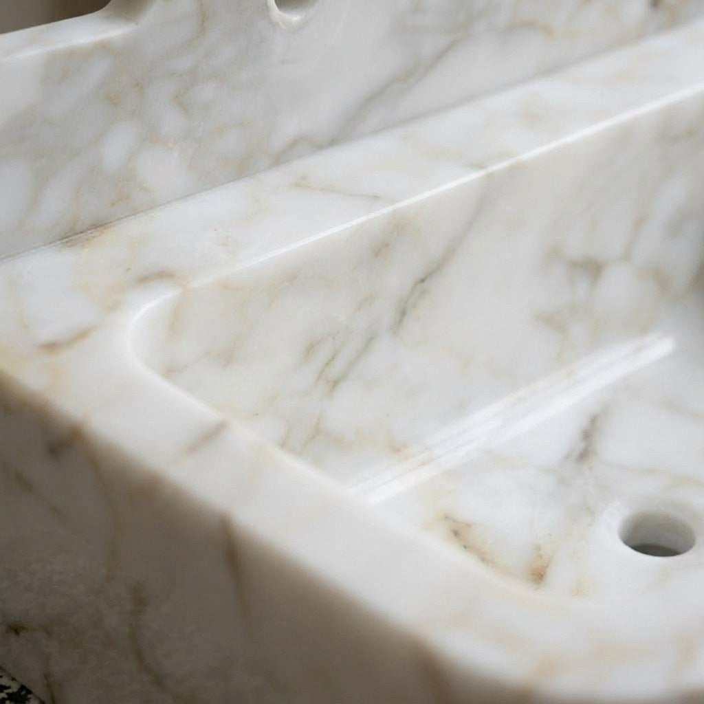 Calacatta Gold Polished Marble Sink with Backsplash — marble detail — view 3