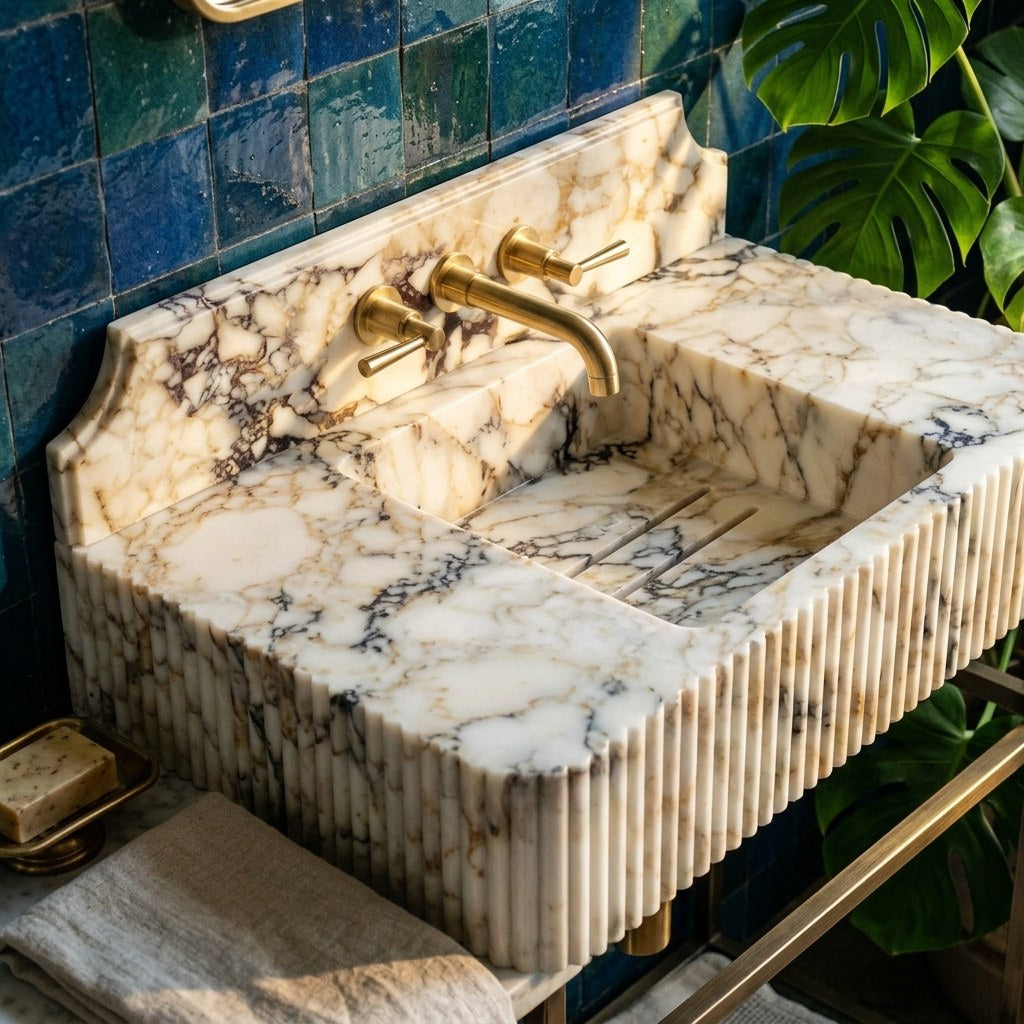 Calacatta Gold Fluted Marble Sink with Backsplash — premium — view 2