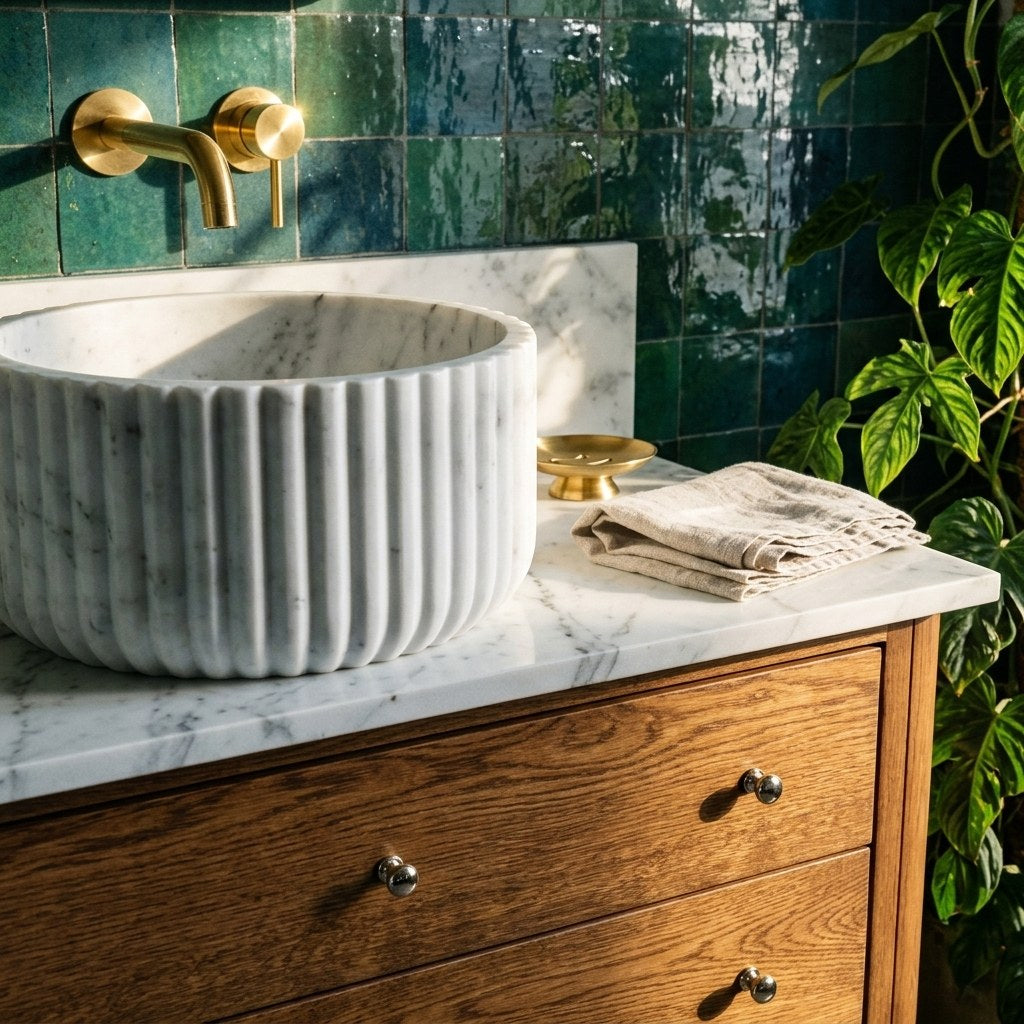 Carrara Honed Fluted Marble Sink Vanity with Backsplash — premium — view 2