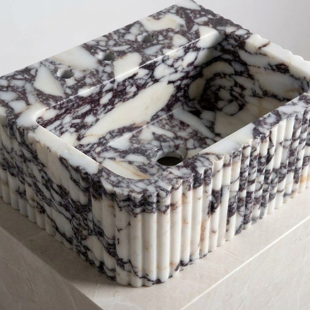 Calacatta Viola Fluted Polished Marble Sink — detail — view 4