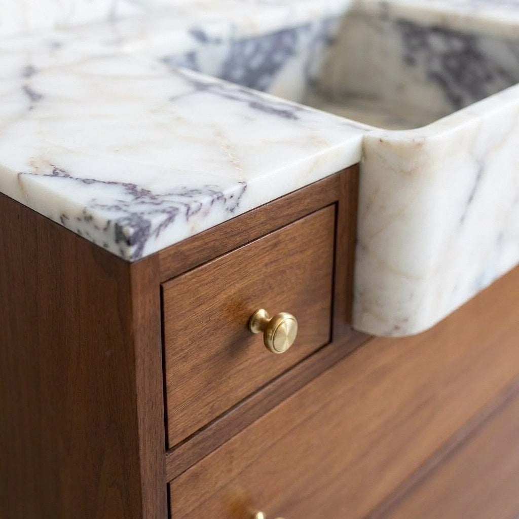 Calacatta Viola Honed Marble Vanity with Backsplash — detail — view 4