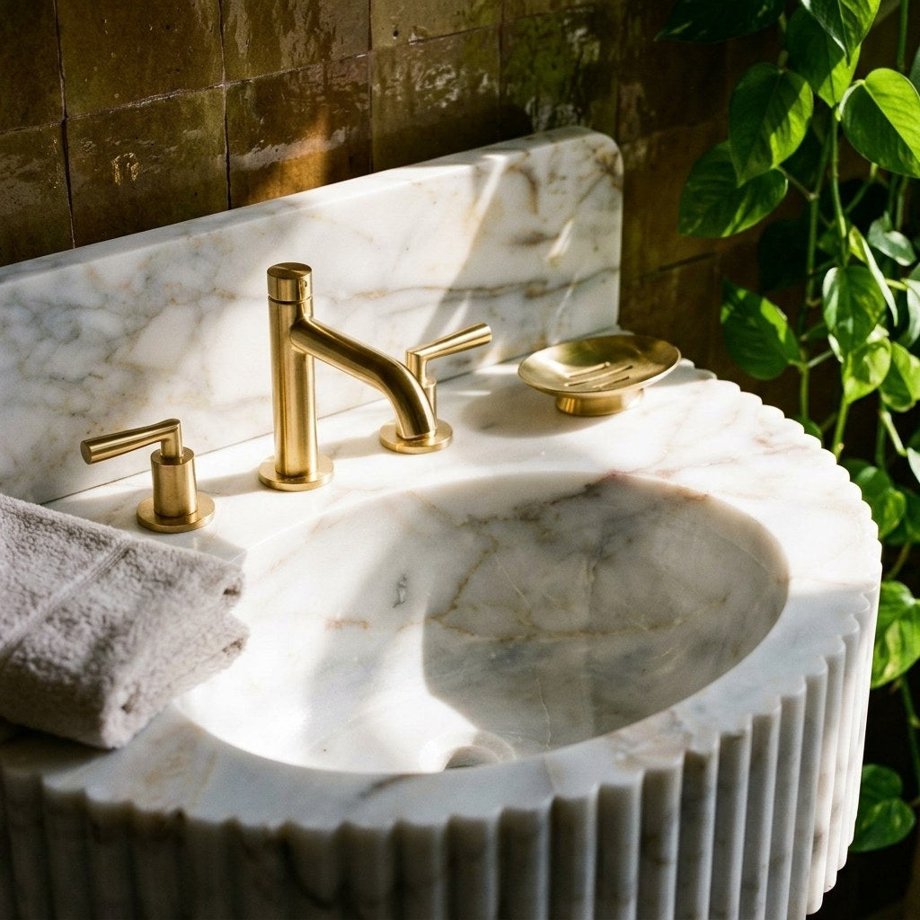 Carrara Fluted Marble Sink with Backsplash — premium — view 2