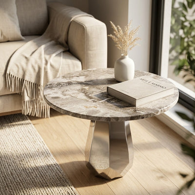Carrara Marble Table with Geometric Brushed Steel Base — premium