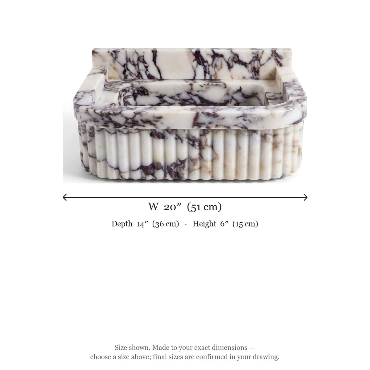 Calacatta Viola Fluted Marble Sink with Backsplash — dimensions — view 5