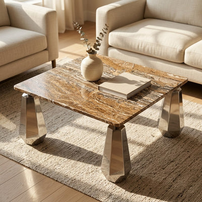 Honed Travertine Table with Brushed Steel Legs — premium