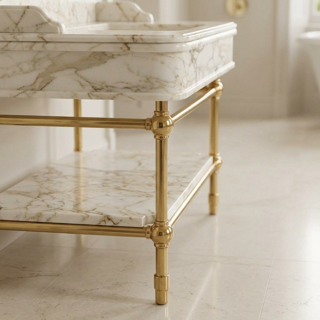 Calacatta Gold Marble Sink with Metal Stand and Backsplash — detail — view 4