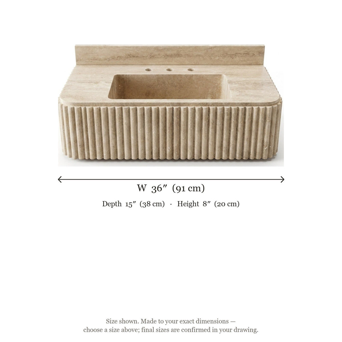 Polished Travertine Fluted Sink with Backsplash — dimensions — view 5