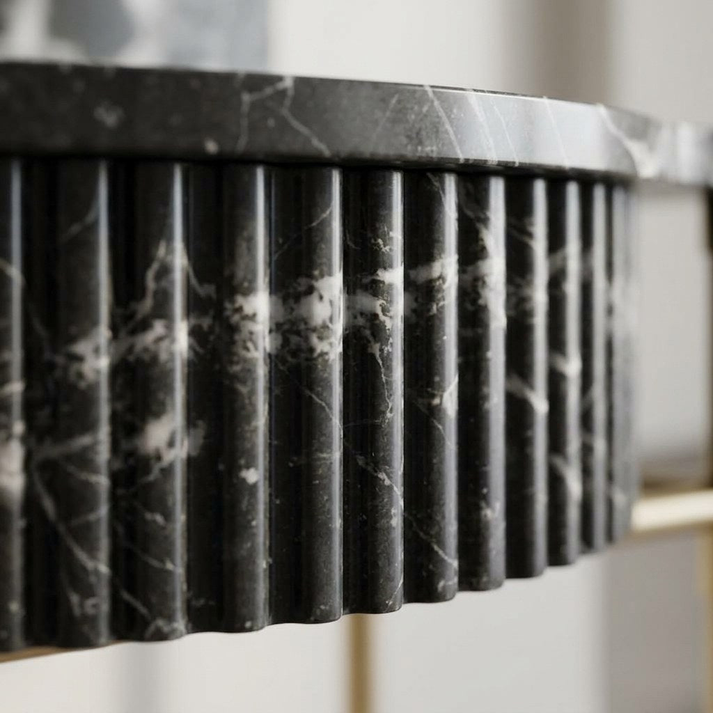 Pietra Notte Fluted Marble Sink with Brass Stand and Backsplash — marble detail — view 2
