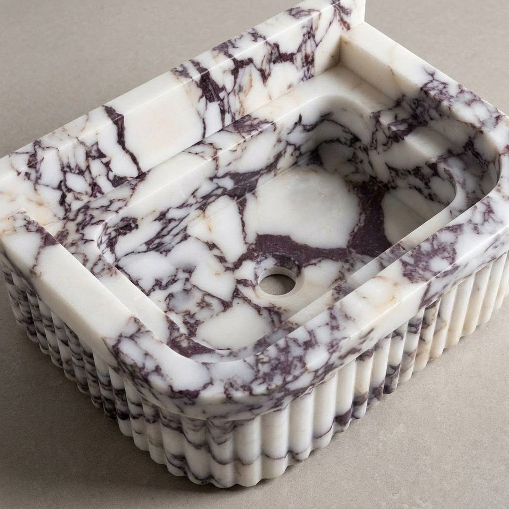 Calacatta Viola Fluted Marble Sink with Backsplash — detail — view 4