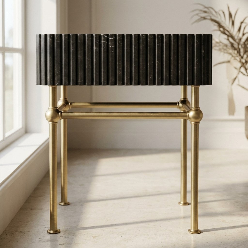 Nero Marquina Fluted Marble Sink with Brass Stand — detail — view 4