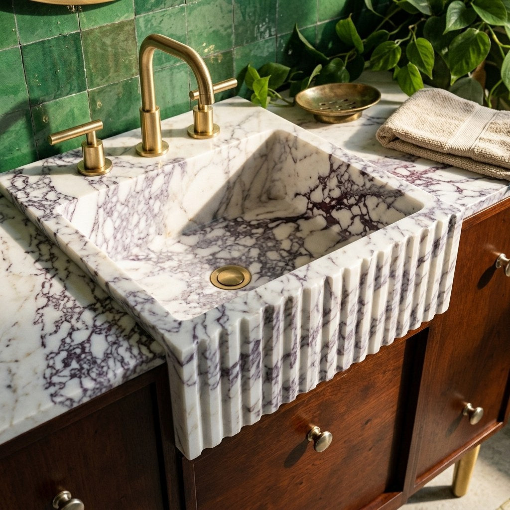 Calacatta Viola Fluted Marble Vanity with Honed Finish — premium — view 2