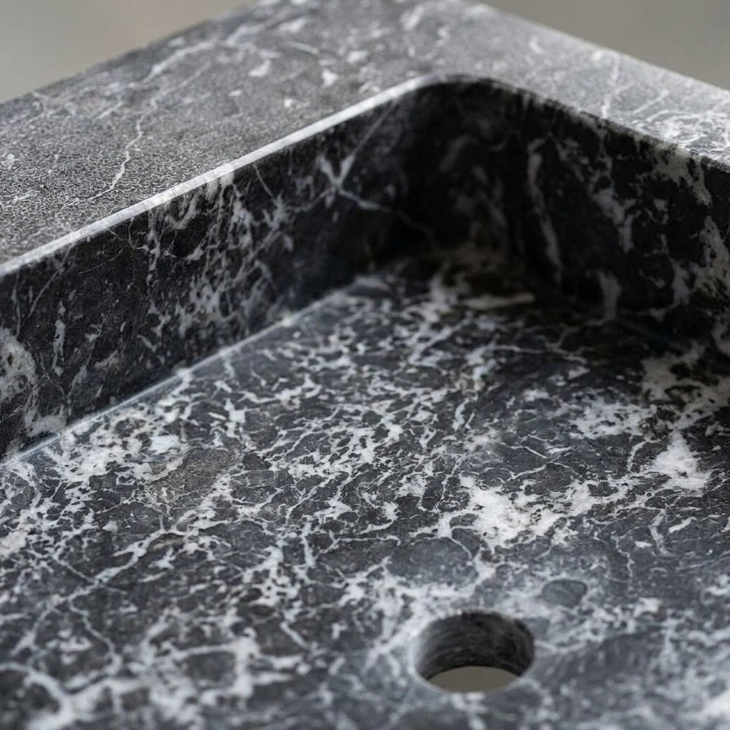 Pietra Notte Honed Rectangular Marble Vessel Sink — marble detail — view 3