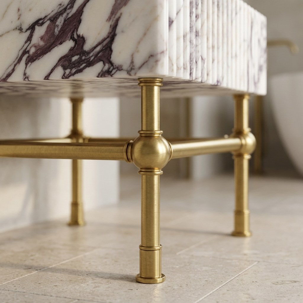 Calacatta Viola Fluted Marble Console Sink with Brass Stand — detail — view 4