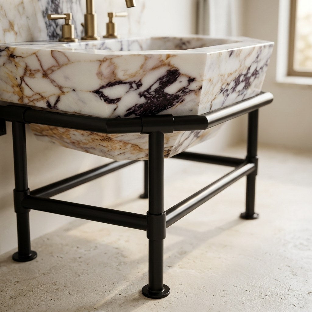 Calacatta Viola Marble Sink with Matte Black Stand — detail — view 3