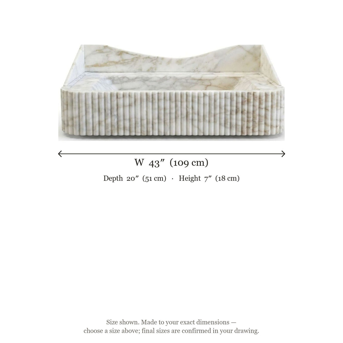 Calacatta Gold Fluted Marble Sink with Curved Backsplash — dimensions — view 5