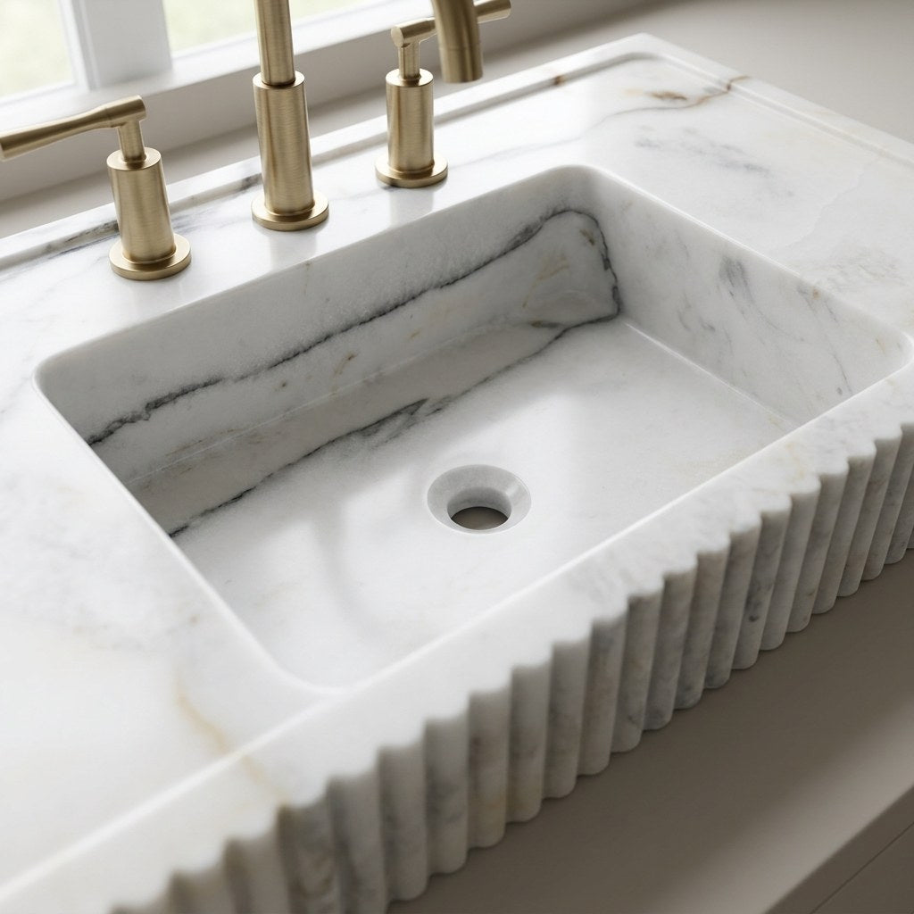 Carrara Fluted Polished Marble Sink — detail — view 4