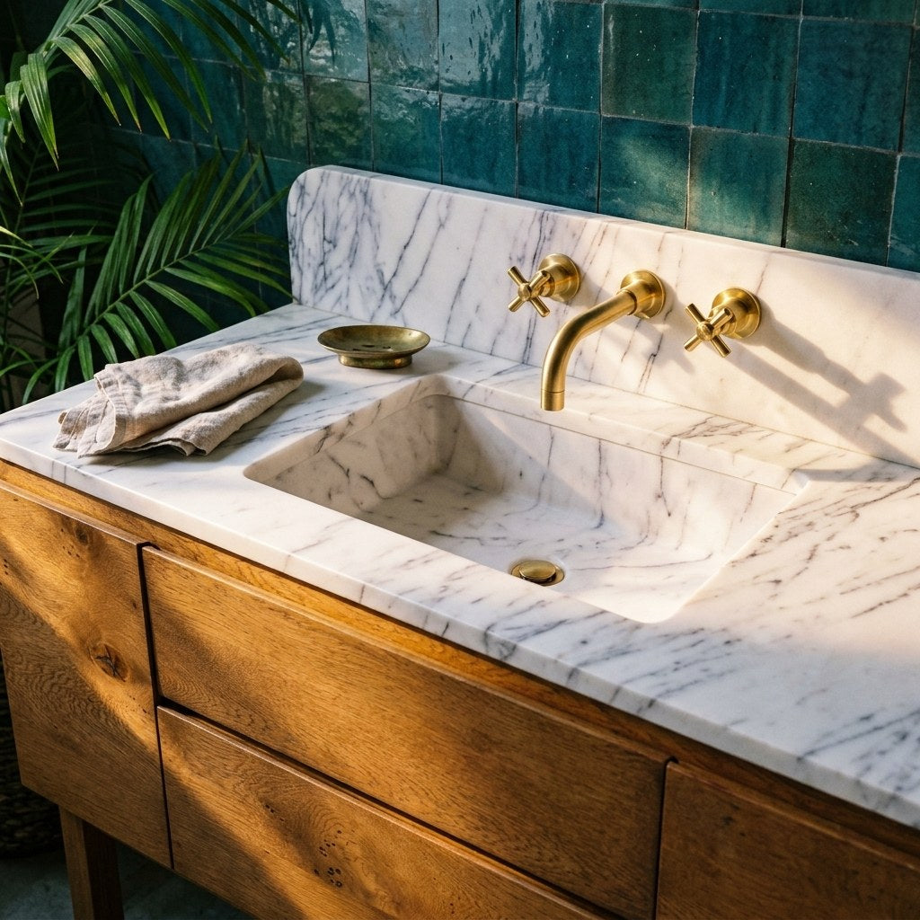 Lilac Marble Vanity with Wood Cabinet — premium — view 2