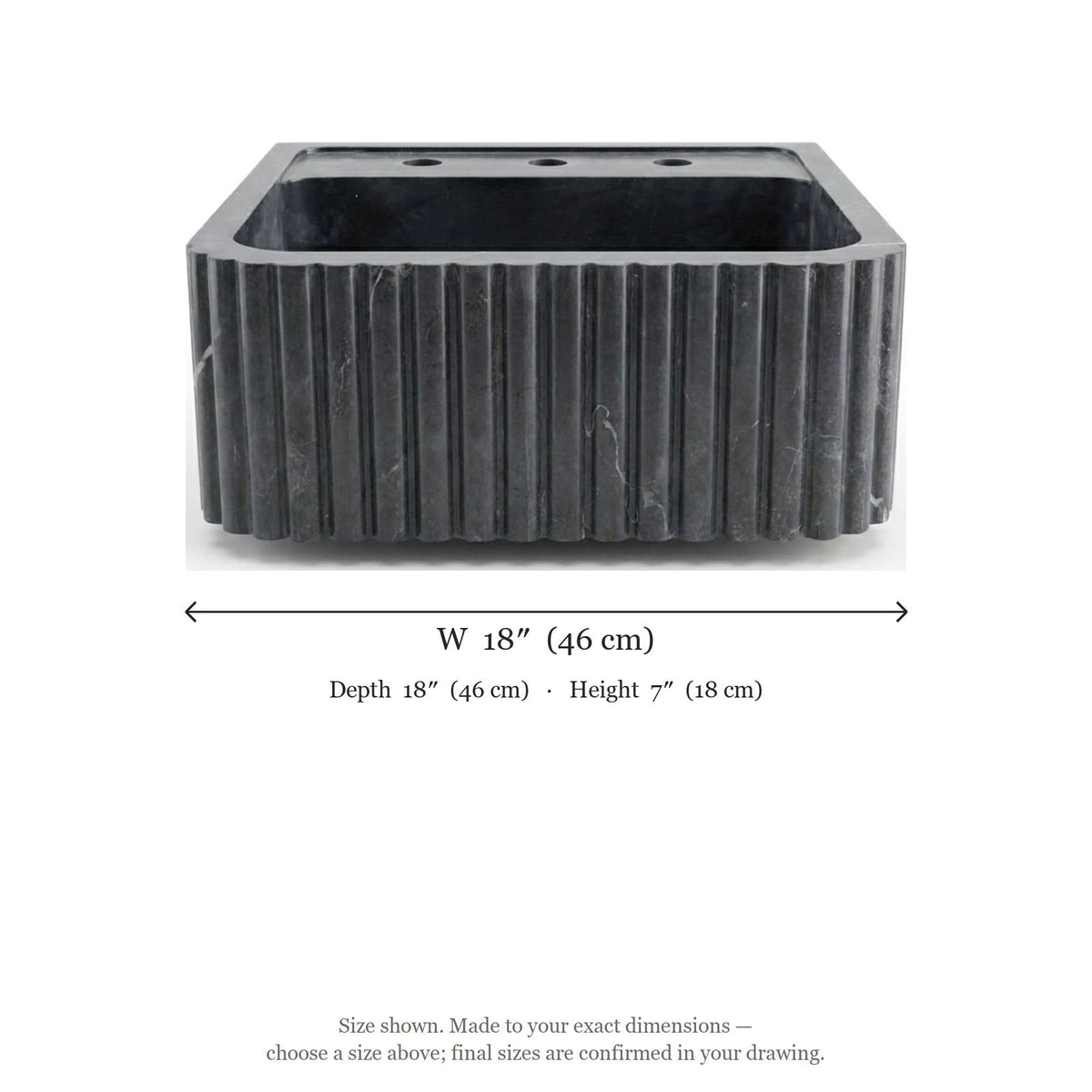 Pietra Notte Fluted Marble Sink with 3 Faucet Holes — dimensions — view 5