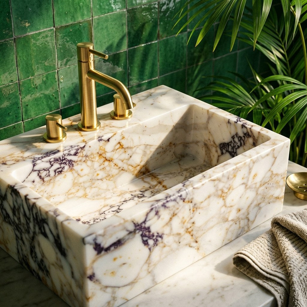Calacatta Gold Polished Marble Sink with 3 Faucet Holes — premium — view 2