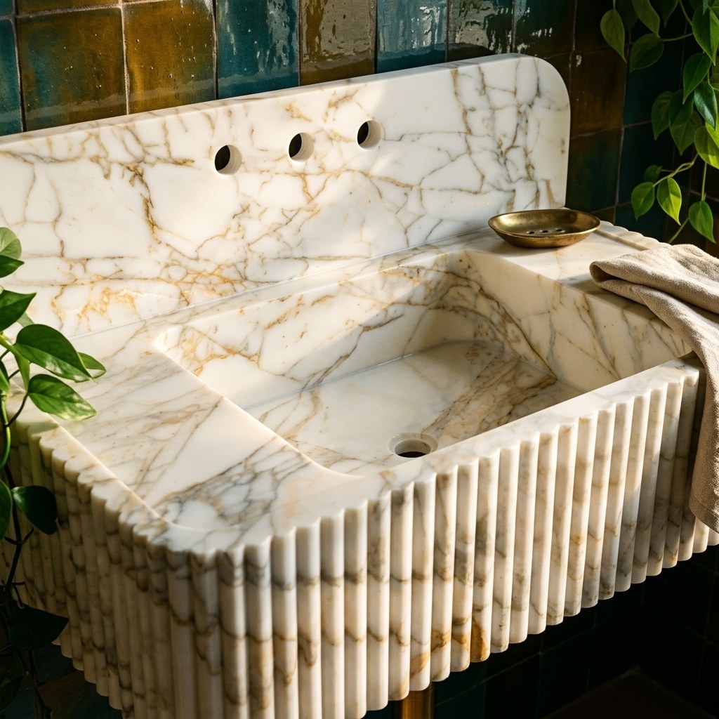 Calacatta Gold Fluted Marble Sink with Backsplash — premium — view 2