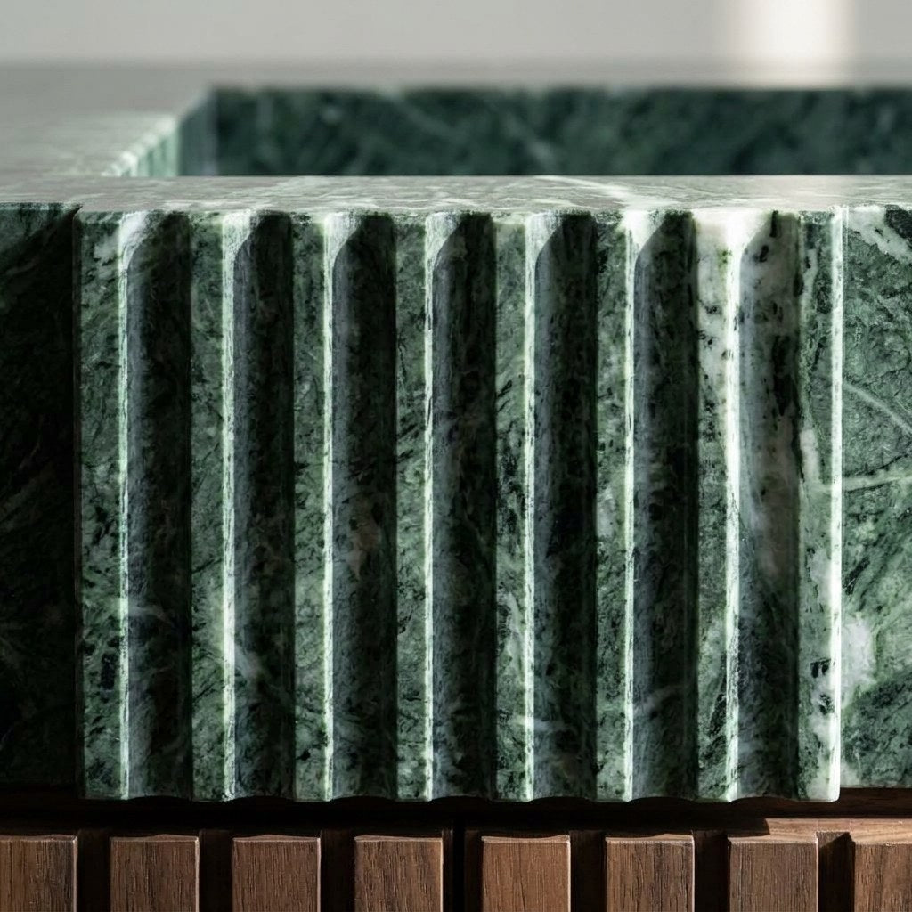 Verde Fluted Marble Vanity with Wood Cabinet — marble detail — view 2