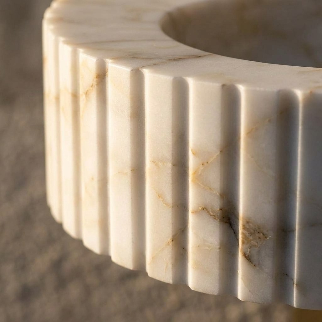 Calacatta Gold Fluted Marble Sink with Brass Stand — marble detail — view 2