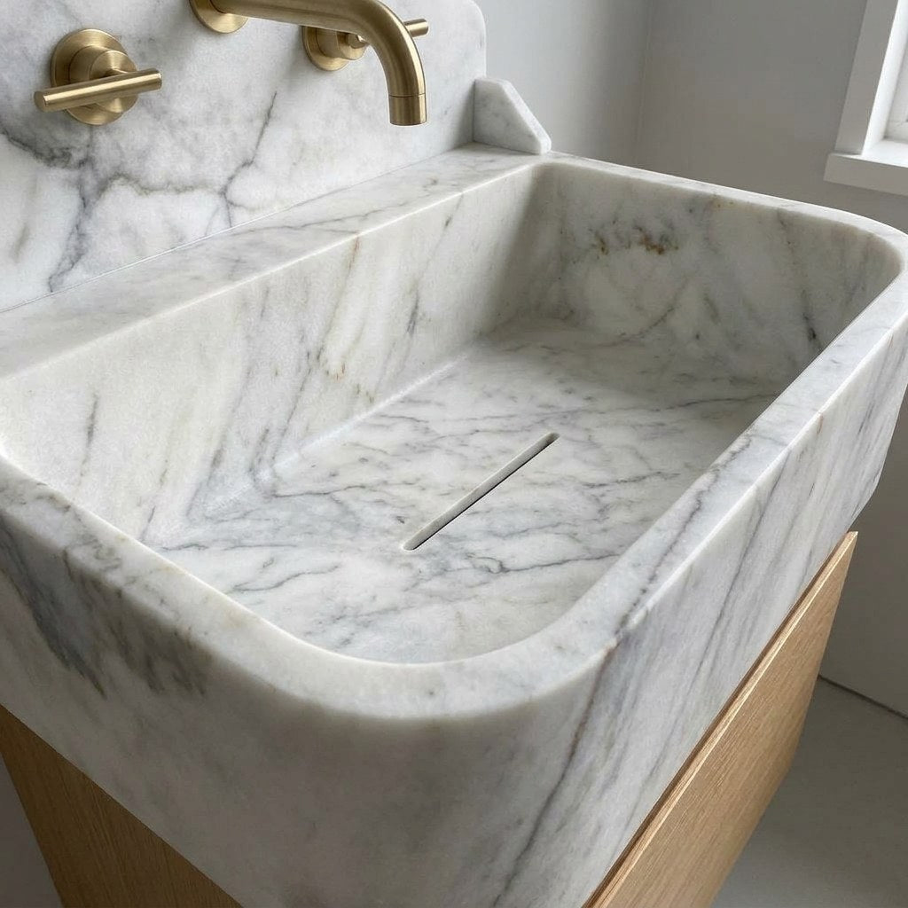 Carrara Marble Sink with Integrated Backsplash — detail — view 4