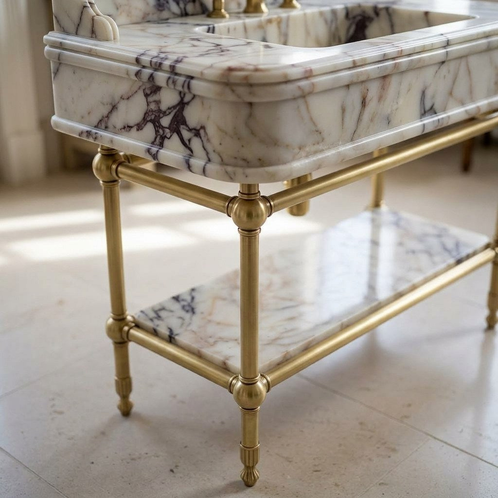Calacatta Viola Marble Sink with Brass Gold Stand and Backsplash — detail — view 4