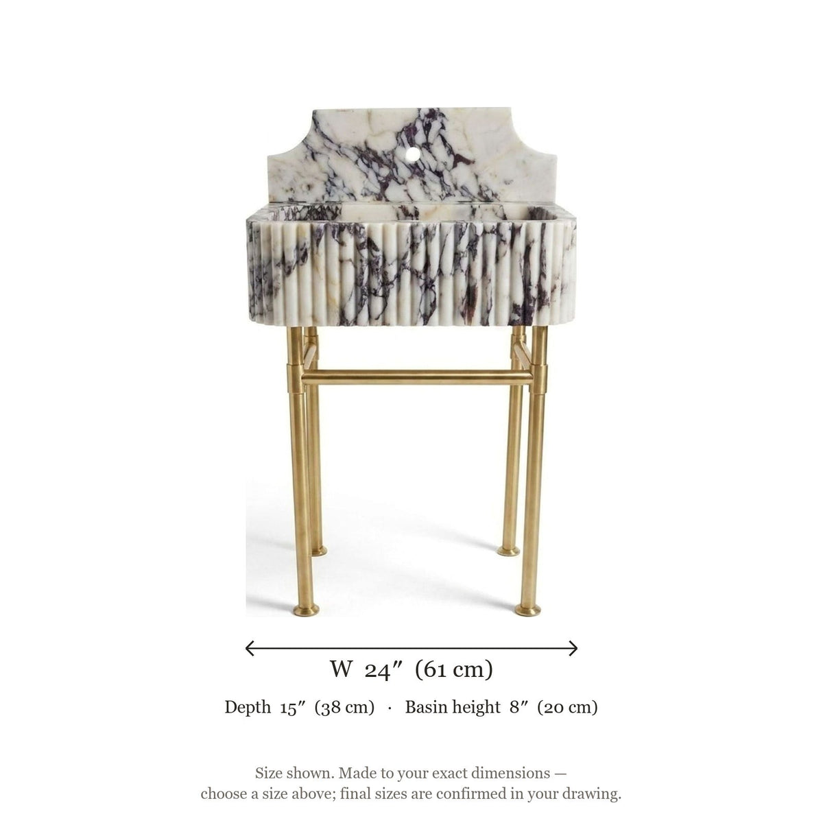 Calacatta Viola Fluted Marble Sink with Brass Stand — dimensions — view 5