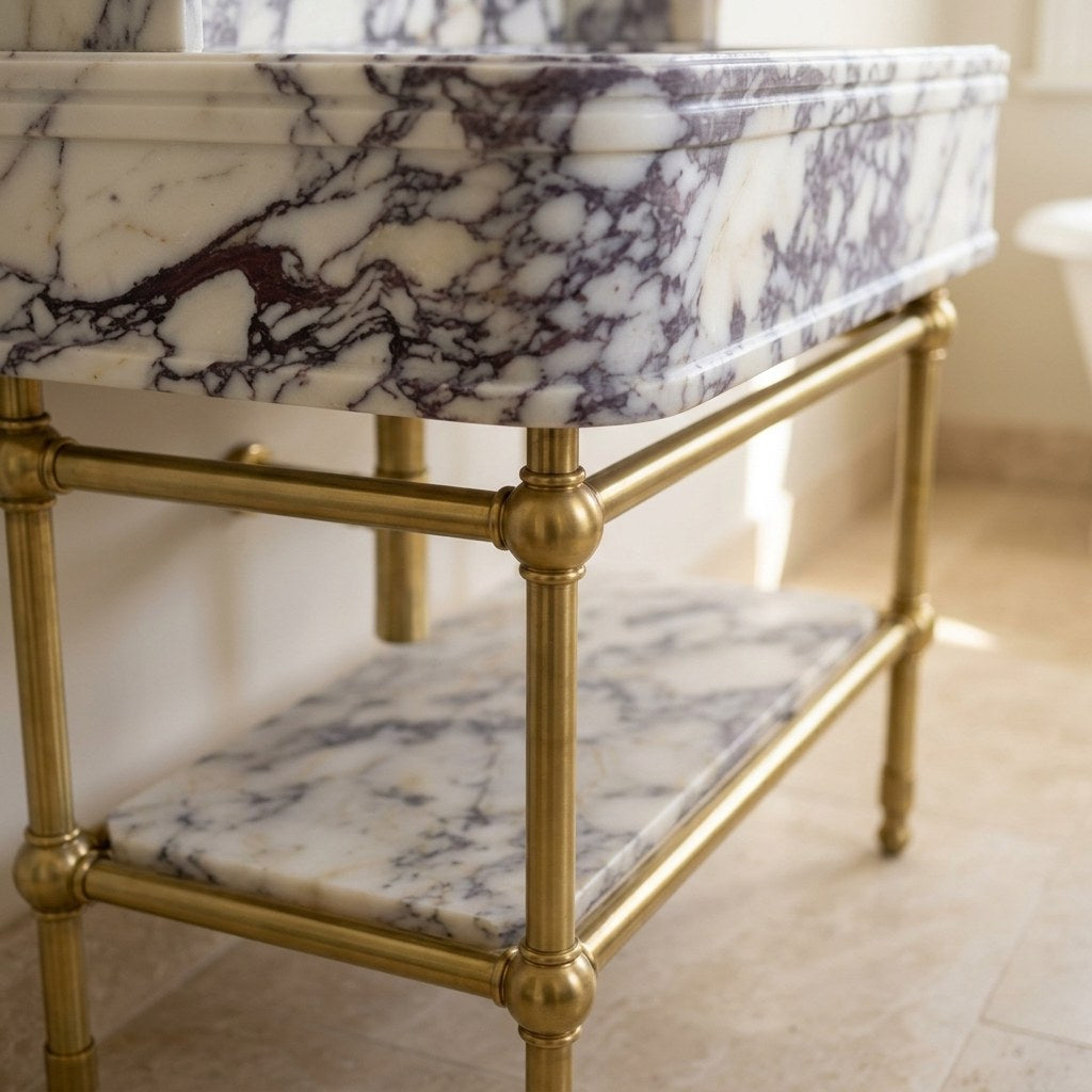 Calacatta Viola Marble Sink with Brass Stand and Backsplash — detail — view 3