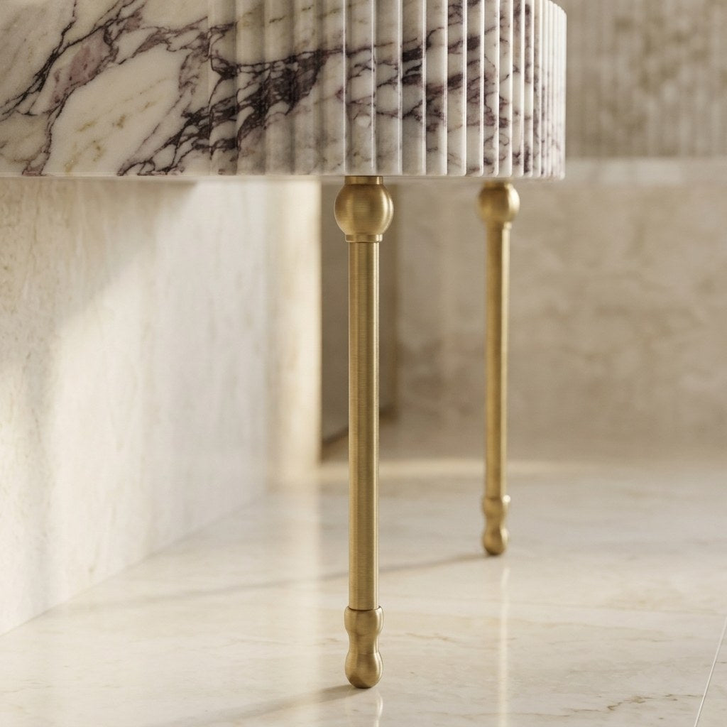 Calacatta Viola Fluted Marble Sink with Brass Stand and Backsplash — detail — view 3